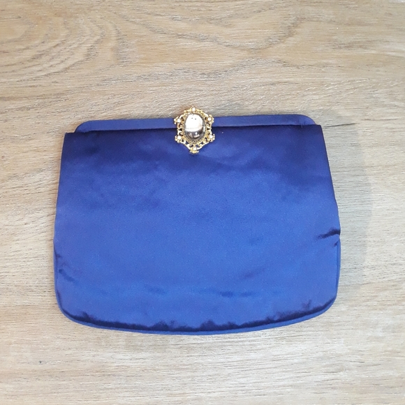 Vintage 1950's Mel-Ton Blue Satin Clutch Purse with Ornate Jewel Clasp - Picture 12 of 12